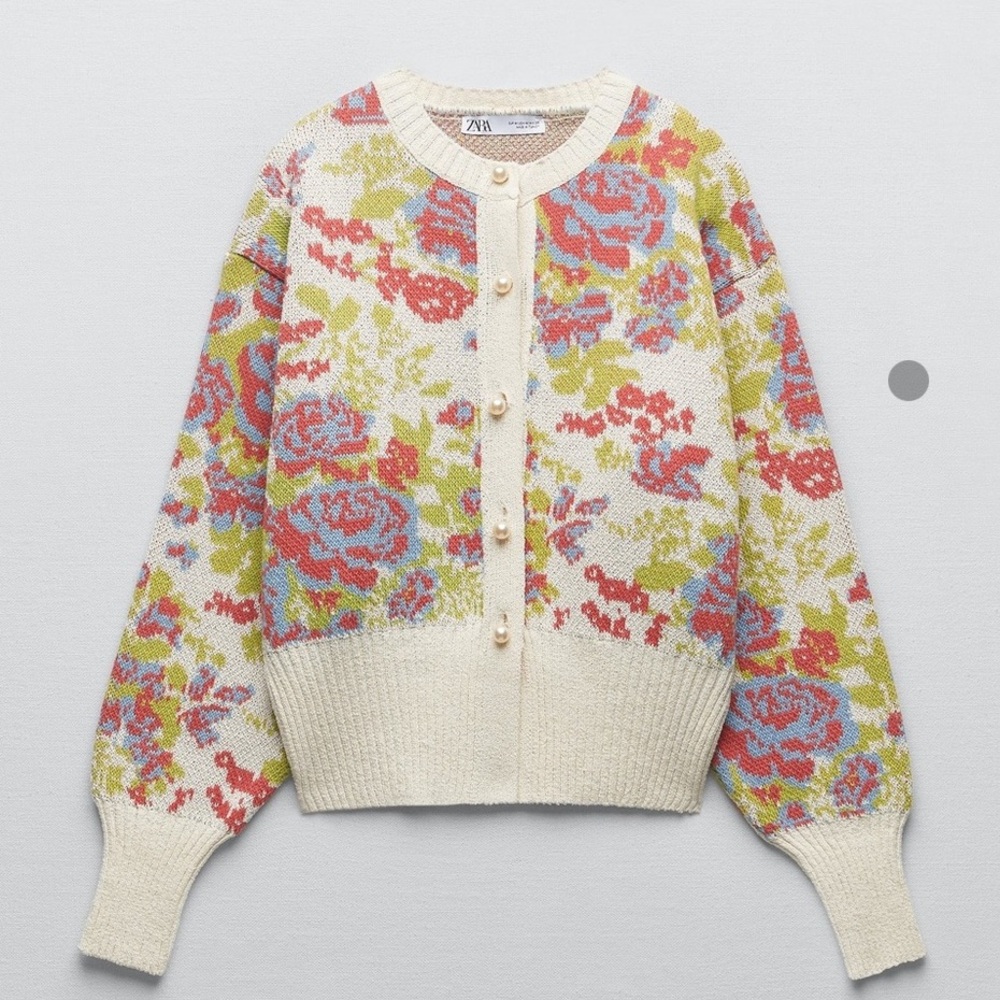 🩵 Zara PEARL BUTTON FLORAL KNIT JACQUARD Cardigan Multi Color Long Sleeve - Picture 8 of 8